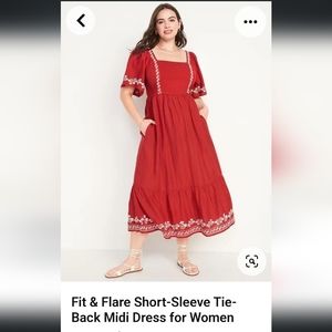 Old Navy Red Fit & Flare Short-Sleeve Tie-Back Midi Dress